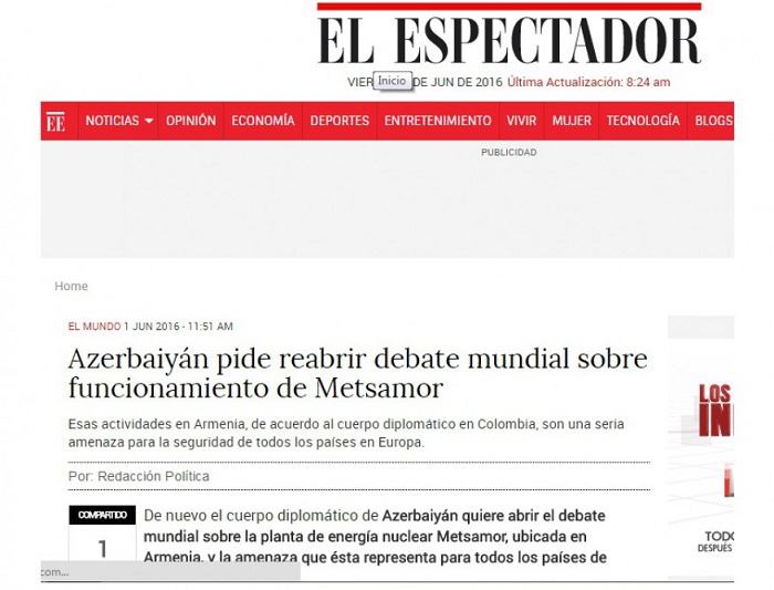 Colombian newspaper points out global threat posed by Metsamor NPP